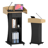 Podium Stand with Metal Wheels Wooden Teacher Lectern Portable Pulpit Standing