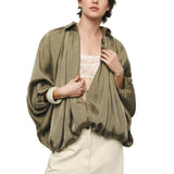 Talakeno Womens Puffed Bomber Jacket Casual Batwing Sleeve Lapel Collar Zip Shirts Oversized Pleated Streetwear Jackets(Green,XL)