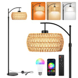 BLITZWILL Boho Floor Lamp with Remote/App/Foot Switch Control, Adjust Head, Dimmable 3 Color Temperatures, Smart 9W LED Bulb, Arc Rattan Tall Standing Lamp for Bedroom Office Living Room Farmhouse