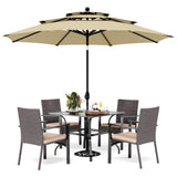 PHI VILLA 5pc Patio Dining Set with Umbrella, Square Table, Rattan Chairs