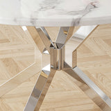 Maotifeys 45'' Round Dining Table White Marble Dining Room Table for 4-6, Circle Faux Marble Kitchen Table with 4 Silver Mirrored Stainless Steel Legs for Dining Room, Bistro, Breakfast (Table Only)