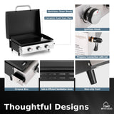 MFSTUDIO 22 Inch Flat Top Grill with Ceramic Coated Cast Iron Pan, 3 Burners Portable Tabletop Propane Gas Griddle Grill for Camping