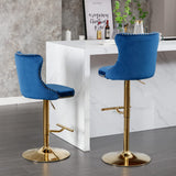 MOOLSUN Rotating Velvet Bar Stools Set of 4, Modern Padded with Nailhead Trim and Tufted Back, Adjustable Swivel Counter Height Stools for Kitchen Island, Bar, Club,Blue(Gold Base)