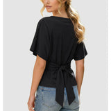 SeeLuNa Women Cinched Waist Shirts Stretchy Dolman Sleeve Boat Neck Knit Top Trendy Streetwear Outfits Basic Workout Tee Tops(Black,XS)