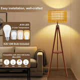 Rnyloas Boho Rattan Floor Lamp with Shelf & Bulb Included, Wicker Tripod Floor Lamp 3 Color Temperatures, Wood Rustic Tall Lamps with Foot Switch, Walnut Boho Standing Lamps for Living Room Bedroom
