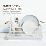 YAMAZAKI Home Dish Drying Rack – Modern White Dish Rack for Kitchen Counter with Removable Drainer Tray and Cutlery Holder, Steel + Wood Dish Drying Organizer, Small Space-Saving Design