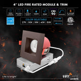 LUXRITE 12-Pack 4 Inch Square LED Recessed Lights with J-Box, 5CCT 2700K-5000K, 2 Hour Fire Rating, 15 Watts, 1000 Lumens, 38° Spotlight, Dimmable, IC Rated, Wet Rated, ETL - Bronze Trim