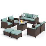 MIXPATIO Patio Furniture Set, 8 Pcs Wicker Rattan Outdoor Conversation Set, 4 x Leg Chairs, 1 x 3 Seater Sofa and 2 x Ottoman with 4" Thick Cushion and 32" Fire Pit Table, Blue