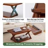 BECHAEO Solid Oak Coffee Table for Living Room, 2-Tier Wooden Coffee Table with Storage Shelf, Modern X-Shaped Base, Heavy Duty 400 lbs Center Table for Home