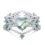 Oseew Natural Moss Agate Ring for Women 2CT Heart Cut 3 Pieces Engagement Ring Set 10K/14K/18K Solid Gold/Sterling Silve Personalized Wedding Bridal Promise Ring for Women