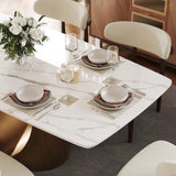 POVISON 63" Modern Dining Table for 4, Glossy White Dining Table, Sintered Stone Dining Tabletop with Bronze Carbon Steel Pedestal Table for Dining Room (Table Only)