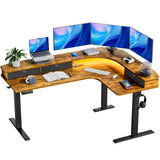 HUANUO 65″ L Shaped Standing Desk with 3 Drawers, Adjustable, Vintage Brown