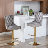 MOOLSUN Rotating Velvet Bar Stools Set of 4, Modern Padded with Nailhead Trim and Tufted Back, Adjustable Swivel Counter Height Stools for Kitchen Island, Bar, Club,Gray(Gold Base)
