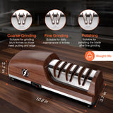 Replaceable Sharpener Electric Knife Sharpener, 3-Stage with 100% Diamond Abrasives & Precision Angle Guides, Kitchen Knife Sharpener with Sharpening and Polishing Function (Dark oak wood grain)
