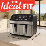 Gourmia Dual Basket Air Fryer - 10 Qt Large Capacity, FryForce360º, Digital Display with 7 Presets, Roast, Bake, Broil, Dehydrate, Match Cook, Sync Finish, Dishwasher Safe Accessories, Black