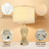26.3’’ Dimmable Table Lamp, 3 Color Temperatures, Stepless Dimming, Hollow Out Resin Bedroom Lamps with USB Ports, Rustic Lamps Set of 2, Wash White Farmhouse Lamps for Living Room(Bulbs Included)