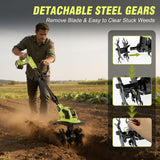 21V Cordlees Tiller Cultivator for Gardening, 400RPM Electric Garden Tiller, Brushless Rototiller with 2 * 3.0Ah Battery, 9.5" Width 7" Depth, for Yard、Lawn、Soil Tiller (Green)