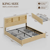 Uteeran King Size Bed Frame and Tall Headboard & Storage, Metal Platform Bed Frame with 4 Storage Drawers, King Bed Frame with LED Lights & Charging Ports, No Box Spring Needed, Noise-Free, Natural