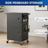 Mobile AV Cart Heavy Duty Computer Cart with 2 Locking Cabinets Rolling Media Cart with Outlets Pegboard Hooks Lock Brake Wheels Mobile Computer Workstation Perfect for Home Office