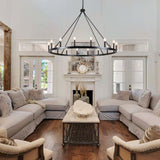 16-Lights Wagon Wheel Chandelier 47 Inch Black Chandelier Light Fixture Farmhouse Chandeliers for Living Room Foyer Chandeliers for High Ceilings Round Pendant Light for Dining Room Entryway