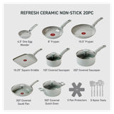 T-Fal Refresh Ceramic Pots and Pans Set, 20-Piece Nonstick Cookware Set, Stockpot, Griddle, Frying Pans, Utensils, Moon Grey