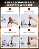 PENTASPI Electric Wine Opener Set, 4 in 1 Electric Wine Bottle Opener, Rechargeable Corkscrew Opener with Aerator, Foil Cutter, Vacuum Stopper, Ideal Present for Wine Lovers, Party, Wedding