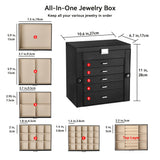 Frebeauty Large Jewelry Box,6-Tier PU Leather Jewelry Organizer,Multi-functional Storage Case with Mirror,Accessories Holder with 5 Drawers for Necklace Bracelets Watches(Black)