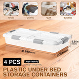 Ehahat 4 PCS*49 Qt Wheeled Latching Under Bed Storage, Double Opening Lids Stackable Bin with Latch Lid, Plastic Container to Organize Shoes Underbed, Clear with White Lid(White)