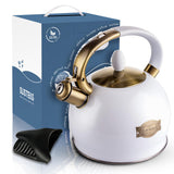 SUSTEAS Stove Top Whistling Tea Kettle - Food Grade Stainless Steel Teakettle Teapot with Cool Touch Ergonomic Handle, With 1 Silicone Pinch Mitt Included, 2.64 Quart(WHITE)