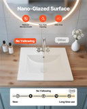 VEVOR Semi Recessed Bathroom Sink, 20.08 x 18.31 Inch Rectangular White Ceramic Vessel Sink with Overflow and 3 Faucet Holes, Drop in Modern Lavatory Vanity Bath Wash Bowl Basin Rectangle Small Space
