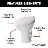 Lippert Flow Max RV Toilet with Elongated Ceramic Bowl, 18" Standard Profile, Full-Size Residential Seat, Easy-Close Lid, Efficient Flush - 2022113192