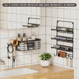 Magheo Hair Dryer Holder Wall Mounted, Adheisve Hair Styling Tool Organizer for hair Brush/Appliance Wall Mount with 5 Tier Shelf Basket Hooks Blow Dryer and Straightener Holder for Bathroom(Black)