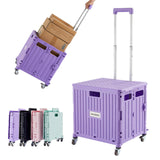 Foldable Utility Cart Folding Portable Rolling Crate Handcart with Durable Heavy Duty Plastic Telescoping Handle Collapsible 4 Rotate Wheels (Purple)