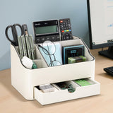 KINGFOM PU Leather Desk Organizer with Drawer, 5 Compartments Desktop Storage Caddy for Office Home Supplies, Pen Holder for Remote Control, Phone & Accessories, Mail Organizer Countertop Ivory White