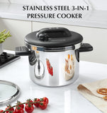 KOCH SYSTEME CS Stainless Steel Pressure Cooker 6.3 QT, Olla de Presion, Easy One-Press Lock, 3 PSI Settings Stovetop Pressure Cookers, Save 70% Time, Induction Compatible, Glass Lid & Steamer Rack