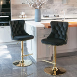 MOOLSUN Rotating Velvet Bar Stools Set of 6, Modern Padded with Nailhead Trim and Tufted Back, Adjustable Swivel Counter Height Stools for Kitchen Island, Bar, Club,Black(Gold Base)