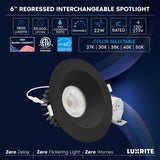 LUXRITE 6 Inch LED Recessed Light, Regressed Spotlight with Round Black Interchangeable Trim, 22W, 1800LM, 5CCT 2700K–5000K, 38°, Dual Dimmable, Twist-N-Lock, CRI90, Wet & IC Rated, ETL (4 Pack)