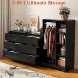 SOLACE FURNITURE Dresser with Clothes Hanging Rack, Pre-Installed Slides for Fast Installation, 3-in-1 Wardrobe Closet with Drawers and Shoe Shelves, Modern Black Wood Storage Armoire for Bedroom