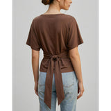 SeeLuNa Women Cinched Waist Shirts Stretchy Dolman Sleeve Boat Neck Knit Top Trendy Streetwear Outfits Basic Workout Tee Tops(Brown,L)