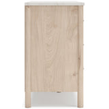 Signature Design by Ashley Cadmori Casual Bohemian Dresser with Post Legs and 6 Drawers, Replicated Marble Top, Wood, 35" High, White and Light Brown Finish