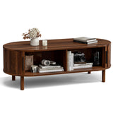 ZttRiee Coffee Table for Living Room, Modern Oval Coffee Table with Cabinets & Sliding Doors, Home Small Space, 47.2" Fluted Center Table, Walnut