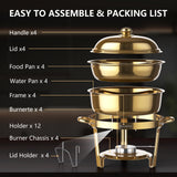 AurumPot Chafing Dishes for Buffet 4 Pack, 6QT Food Warmers for Parties Buffet, Christmas Gatherings [Elegant All-Gold Colors] Stainless Steel Round Chafing Dish Buffet Set,Buffet Servers and Warmers