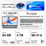 HP Pro Business Copliot AI Laptop PC, 17.3" Touchscreen, Intel Ultra 7 255U, 64GB DDR5, 2TB SSD, Wi-Fi 6, Webcam