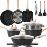 SODAY 17 Pcs Pots and Pans Set Non Stick Kitchen Cookware Sets Nonstick Induction Cookware Non-toxic Black Granite Cooking Tools