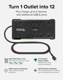Plugable Surge Protector Power Strip with USB and 12 AC Outlets