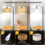 BLITZWILL Boho Floor Lamp with Remote/App/Foot Switch Control, Adjust Head, Dimmable 3 Color Temperatures, Smart 9W LED Bulb, Arc Rattan Tall Standing Lamp for Bedroom Office Living Room Farmhouse