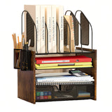 Boershun Wood Desk Organizer - 4-Tier Desktop File Organizer with Drawer, Wooden Paper Tray, Vertical File Holders & 2 Pencil Holders - Office Desk Organizer for Papers, Mail, Notebooks, Stationery