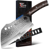 SYOKAMI Meat Cleaver Chef Knife with Sheath, 7.7 Inch Butcher Knife with Herb Stripper, Chopping Knife Heavy Duty Bone Cutting, Damascus Pattern Full Tang Wood Handle, Birthday Gift for Men