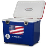 Engel UC19-RWB 19 Quart Fishing Live Bait Dry Box Ice Cooler with Stain/Odor-Resistant Surface and Shoulder Strap, USE Red, White and Blue with American Flag
