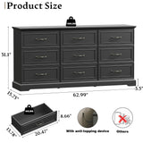 Farmhouse 9 Drawers Dresser for Bedroom, 63" Wide Modern Chest of Drawers with Deep Drawers & Bar Handles, Rustic Wood Dresser TV Stand, Wooden Closet Storage Organizer for Living Room, Hallway, Black